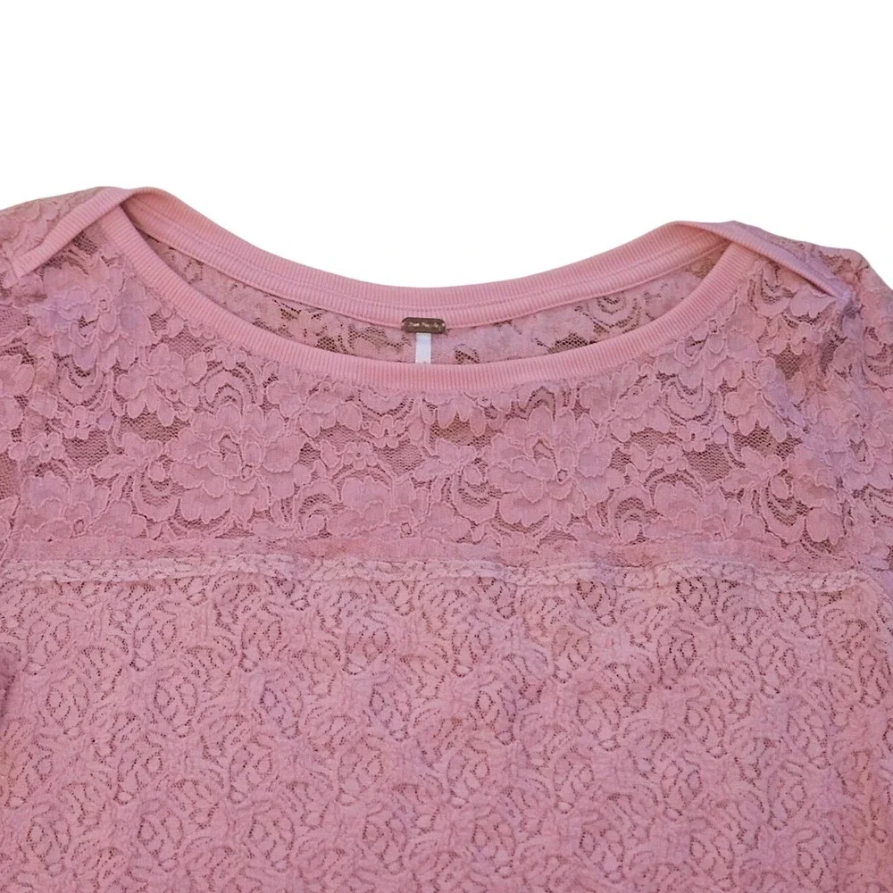 Free People Womens Lace Boat Neck Bell Sleeve Top Dusty Rose Pink Large